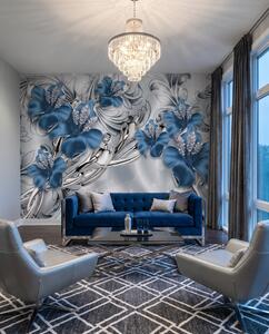 Carta da parati Orchidee blu tra riccioli, Composizioni floreali, Effetto 3D - Tapeko.it