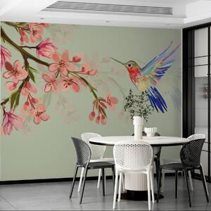 Carta da parati un ramo con fiori rosa e un uccello luminoso, Carta da parati Acquerello, w00693 : Uwalls.it