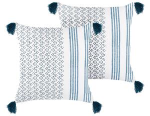 Set di 2 cuscini cotone bianco e blu scuro 45 x 45 cm stampa a blocchi soggiorno camera da letto Beliani