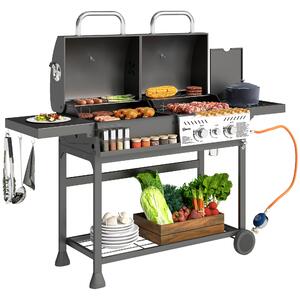 Outsunny Barbecue a Carbone e Gas con 3 Bruciatori e Coperchio, Termometro, Ruote e Ripiani, Nero