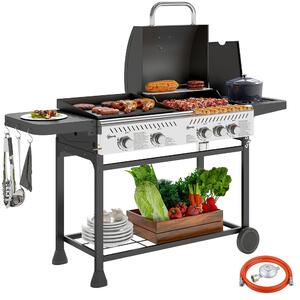 Outsunny Barbecue a Gas con Piastra e Fornello, Coperchio con Termometro e Ripiani, Regolatore e Tubo Inclusi, Nero
