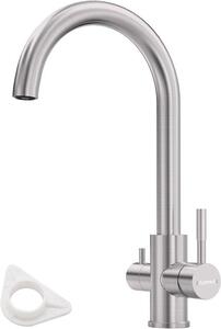 Rubinetto per cucina 3-in-1 con 2 Liver, Rubinetto per acqua a 360°, Acciaio inossidabile, Doppio funzionamento, Per acqua fredda, calda e potabile, Finitura spazzolata