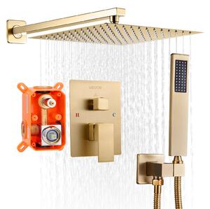 VEVOR sistema doccia a pioggia per il bagno Sistema doccia con soffione a pioggia quadrato da 305 mm e doccetta, rubinetteria a parete per il bagno con valvola in ottone e set decorativo, oro spazzolato