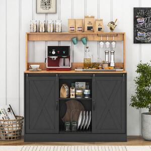 Costway Mobile da bar con stazione di ricarica, Mobile vino con ante scorrevoli in stile fattoria portabottiglie rimovibile Nero e Marrone