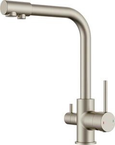 Miscelatore da cucina a tre vie con erogatore per acqua potabile, girevole a 360°, in acciaio inossidabile, con due manopole
