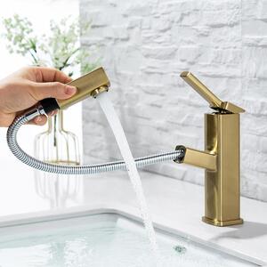 Miscelatore monocomando per lavabo con doccetta estraibile, per acqua calda e fredda, con beccuccio estendibile e girevole, finitura champagne spazzolata
