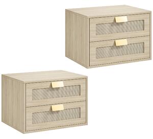HOMCOM Set 2 comodini sospesi con 2 cassetti e ripiano effetto rattan, Rovere | Aosom Italy