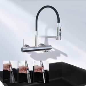Miscelatore da cucina da montare a parete, attacco da 3/4 di pollice per lavastoviglie e lavatrice, acciaio inossidabile, 3 tipi di getto, erogatore flessibile, colore argento, lunghezza 385 mm