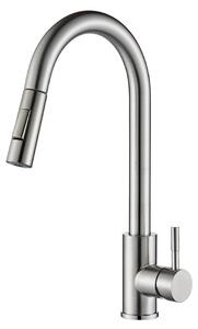 Rubinetto da cucina estraibile, in acciaio inossidabile spazzolato, finitura cromata, girevole a 360°, con 2 getti e miscelatore monocomando