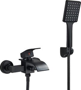 Miscelatore monocomando per lavabo Famanu Badarmatur, finitura nera opaca, con erogatore a cascata e doccetta manuale ABS – funzionamento con una sola mano