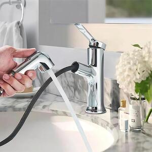 Miscelatore per lavabo con doccetta estraibile, 2 getti, monocomando, finitura cromata, corpo in ottone