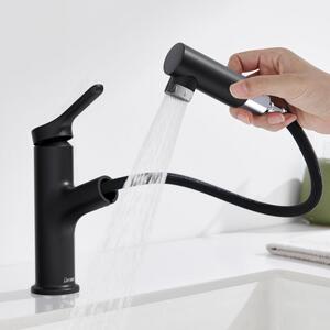 Miscelatore per lavabo con doccetta estraibile, 2 getti, monocomando, colore nero, 196 mm
