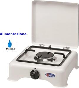 Fornello 1 fuoco a METANO con coperchio, bruciatore lega Pyral N2, Dimensioni 29x29x h 12 cm spartifiamma e griglia smaltati Colore: bianco
