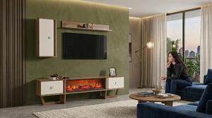 Mobile TV a parete, pensile, ripiano, stile moderno, colore marrone, camino