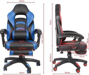 Sedia girevole da gaming nera/blu con poggiapiedi, inclinazione 140°, regolabile in altezza