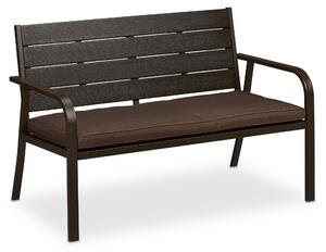Panchina da giardino Relaxdays con cuscini di seduta, effetto legno, dimensioni: 78 x 118 x 66 cm, a 2 posti, robusta panchina da balcone, panca, marrone