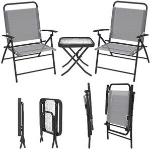 Outsunny Set da Giardino con Tavolo con Piano in Vetro e 2 Sedie Pieghevoli con Schienale Regolabile, Grigio