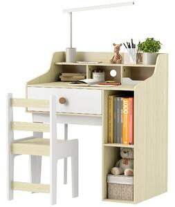 AIYAPLAY Set Scrivania per Bambini e Sedia in Legno con Scaffale e Cassetto, Età 3-10 Anni, Bianco e Legno