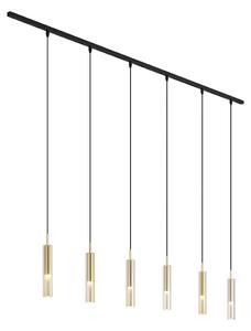 Sistema di illuminazione a binario moderno nero con 6 luci a sospensione oro con vetro ambrato monofase - Slimline Loyce