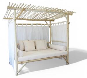 Gazebo letto in legno teak con cuscini bianchi 250x180xH204 cm