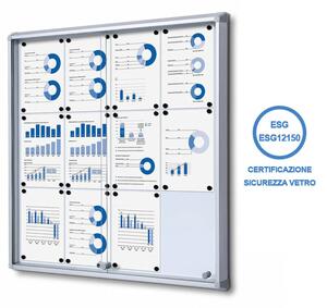 Bacheca magnetica per interni con ante scorrevoli in vetro temperato, formato 12xA4, profili alluminio anodizzato