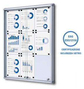 Bacheca magnetica ante scorrevoli in vetro temperato ESG, formato 9xA4, 720x982x59 mm, alluminio anodizzato