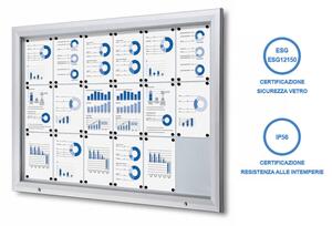 Bacheca per esterno certificata IP56 18xA4, alluminio anodizzato, vetro temperato ESG, apertura a ribalta