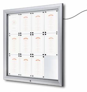 Bacheca per esterni con illuminazione LED, apertura a ribalta, vetro temperato IP56 - formato 12xA4