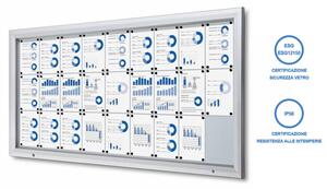 Bacheca da esterno certificata IP56 formato 27xA4, alluminio anodizzato, vetro temperato ESG e apertura a ribalta