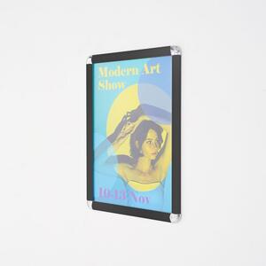 Cornice a scatto A3 in alluminio nero, profilo 25 mm, angoli tondi, PVC antiriflesso, uso interno