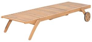 Lettino da giardino in legno di acacia chiaro con cuscino color talpa reclinabile su ruote con tavolo Beliani