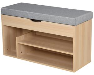 HOMCOM Panca Scarpiera 2 in 1 con Seduta Imbottita Apribile e 3 Ripiani Aperti, in Legno, 80x30x48cm, Rovere e Grigio | Aosom Italy