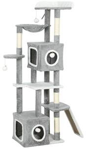 PawHut Albero Tiragraffi per Gatti con 2 Casette, Rampa, Trespoli e 4 Palline, 48x40x165 cm, Grigio e Bianco | Aosom Italy