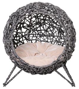 PawHut Cestino gatto letto rialzato gatto accogliente grotta a gatto grande comfort dim. Ø 52 x 58H cm cuscino soffice incluso resina intrecciata effetto rattan grigio