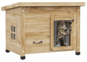 PawHut Casa per gatti cuccia esterna in legno rialzata con tetto in asfalto, finestra, 57 x 45 x 43 cm giallo