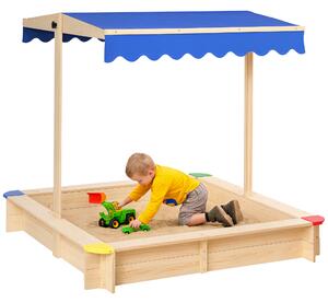 Outsunny Sabbiera per Bambini in Legno con Panca e Tettuccio Parasole Regolabile, 120x120x120cm, Colore Legno e Blu|Aosom