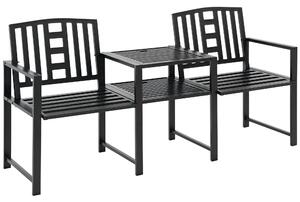 Outsunny Panchina da Giardino Moderna 2 Posti con Tavolino e Foro per Ombrellone Arredamento da Esterno 165x56x85.5cm Nero|Aosom