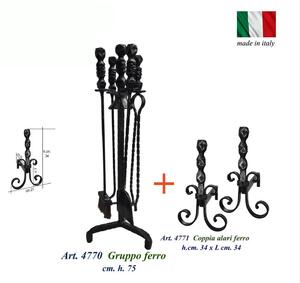 Gruppo per camino in Ferro FORGIATO base 3 piedi 28x h 75 cm - Peso 3.5 kg PIU Coppia alari in ferro battuto Forgiati per camino con palla 34xh34 cm lavorazione artigianale in ferro battuto colore nero