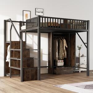 Letto a soppalco Sweiko in metallo 140 × 200 cm con un sorprendente design a ringhiera in legno e reticolo metallico, completo di ampio armadio, cassetti e scala di stoccaggio, nero