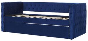 Struttura letto estraibile blu velluto misura singola 90 x 200 con rete a doghe con bottoni abbottonati finiture Glam Beliani