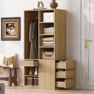 Armadio Merax con diversi cassetti, mobiletto alto con ripiani aperti, armadio per bambini con asta appendiabiti e spazio contenitivo, armadio da ingresso, stile naturale