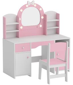 AIYAPLAY Set Toeletta Trucco Bambina 2 in 1 con Sgabello e Specchio, Luci a 2 Colori, Cassetto, Ripiani, Rosa | Aosom Italy