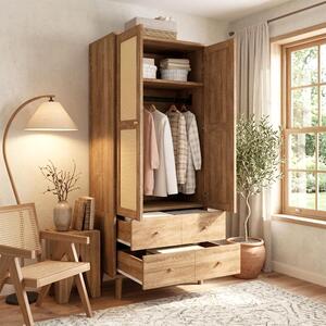 Armadio Merax con design in rattan, aspetto legno scuro, armadio per bambini con asta appendiabiti, ripiani, 2 cassetti, armadio guardaroba, finitura naturale e noce