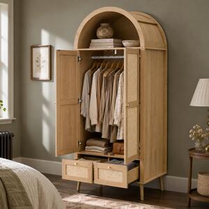 Armadio Merax con 2 ante e 2 cassetti, mobile alto con forma ad arco, asta appendiabiti, ripiano aperto, armadio da ingresso con aspetto rattan, colore naturale
