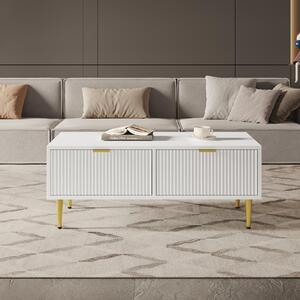 Tavolino bianco con due cassetti, dimensioni 100x50x40 cm, realizzato in MDF con gambe in metallo dorato, ideale per il soggiorno