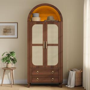 Armadio Merax con nicchia ad arco e ante doppie in rattan, armadio per bambini con asta appendiabiti e 2 cassetti, illuminazione LED controllabile tramite app, gambe in legno massello, noce