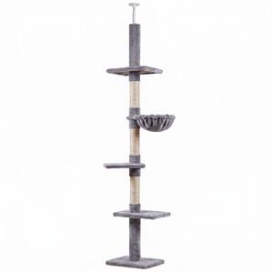 PawHut Albero Tiragraffi a 4 Livelli ad Altezza Regolabile, in Truciolato, Peluche e Sisal, 40x34x230-260 cm, Grigio|Aosom