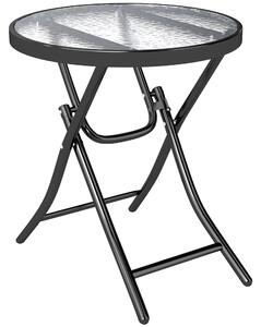 Outsunny Tavolo da Giardino Pieghevole Nero in Metallo con Ripiano in Vetro, Diametro 45x50cm, Blocco di Sicurezza|Aosom