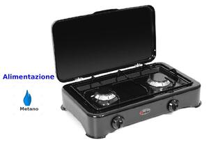 Fornello 2 fuochi con coperchio, METANO bruciatori lega Pyral N2 Dimensioni 48x29x h 12 cm spartifiamma e griglia smaltati Colore nero smaltato
