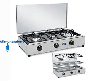 Fornello 3 fuochi in acciaio inox con coperchio, a GPL con piano estraibile, bruciatori lega Pyral N2 Dimensioni 61x36x15 cm spartifiamma e griglia smaltati Colore bianco smaltato